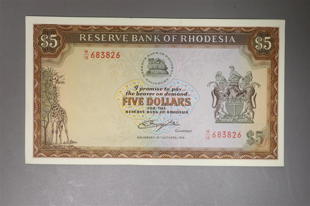 Reserve bank of Rhodesia, ten $5 dollar banknotes, consecutive serial numbers M/18- 20 October 1978 (10) all UNC